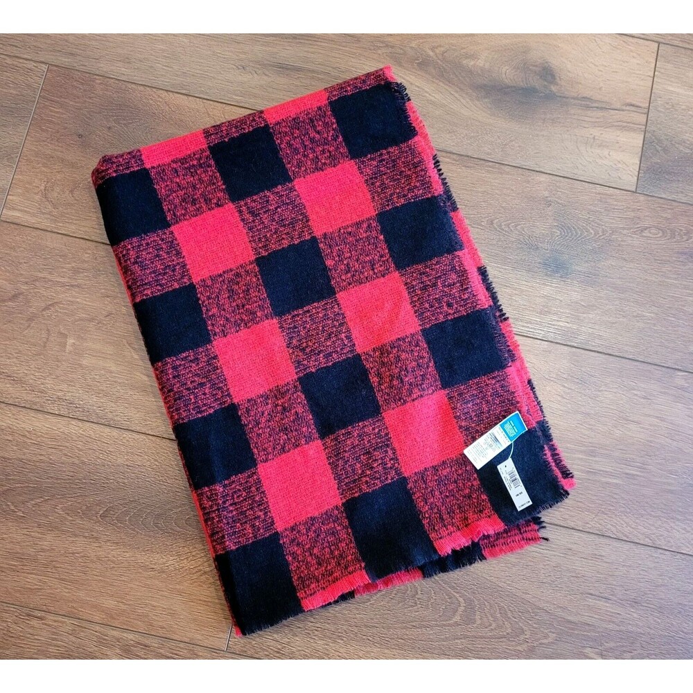 Old Navy Plaid Scarf Buffalo Red Black Oversize Shawl Soft Fringe 75x25 NEW TAG
